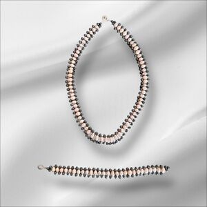 Teng Yue Freshwater Pearl Necklace & Bracelet Set Pink Gray Beaded